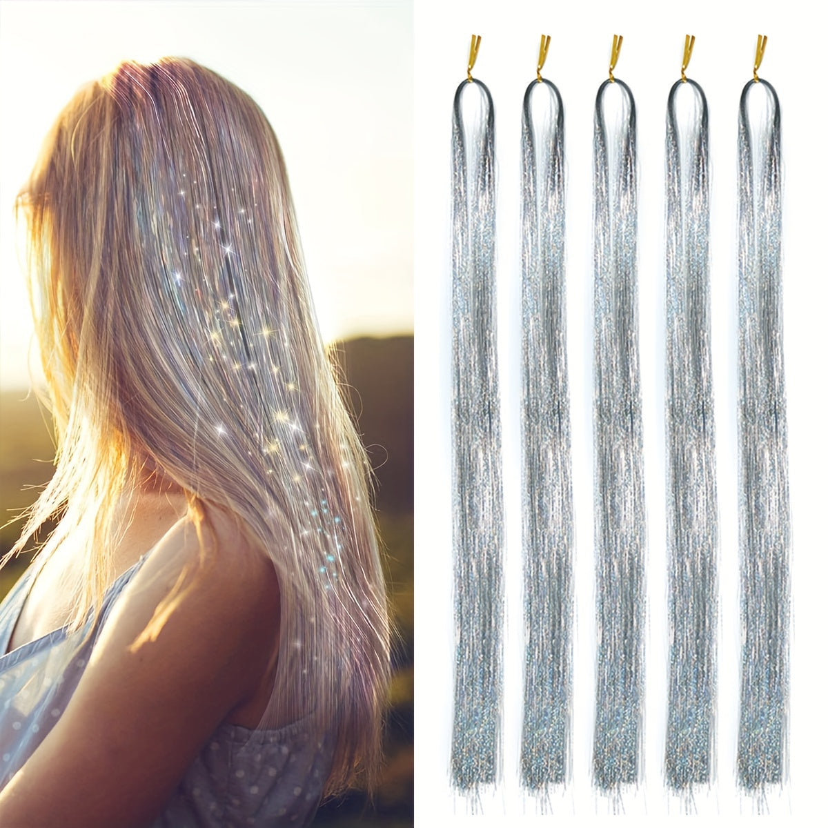 A Set of 5pcs 42-inch Golden Silvery Wire Hair Shiny Sequins Tassels- Heat-Resistant Synthetic Fiber for Christmas & Halloween Parties