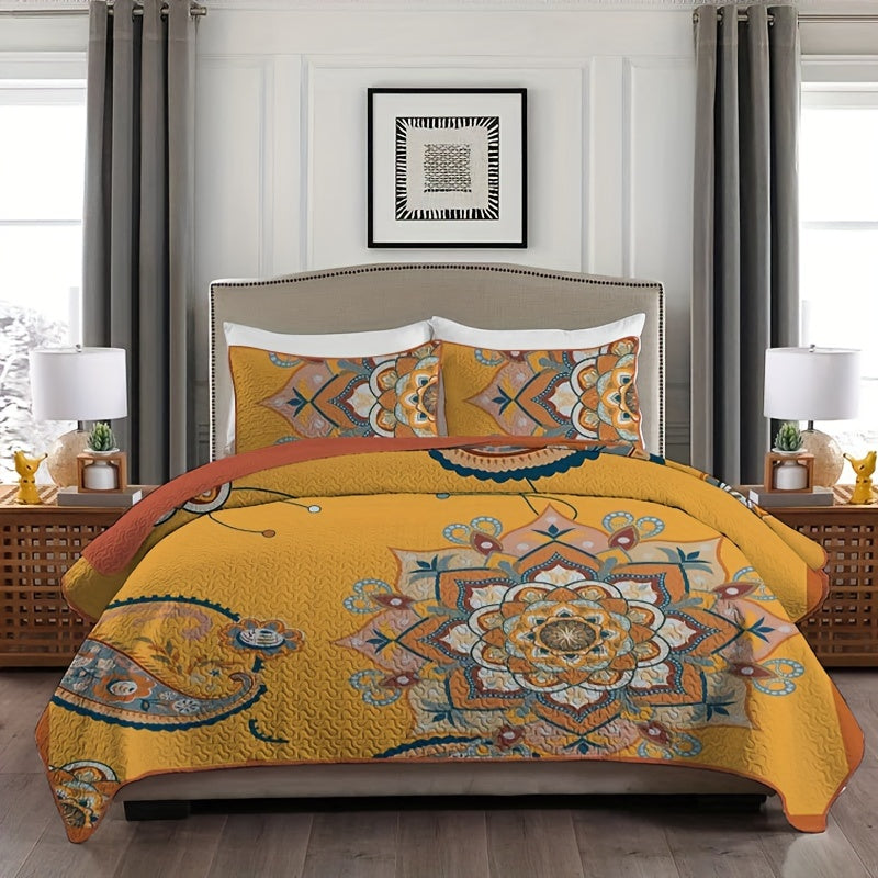 Bohemian Paisley Floral Comforter Set - Soft, Breathable, Machine Washable Polyester Coverlet with Quilt & 2 Pillowcases (No Fillers)