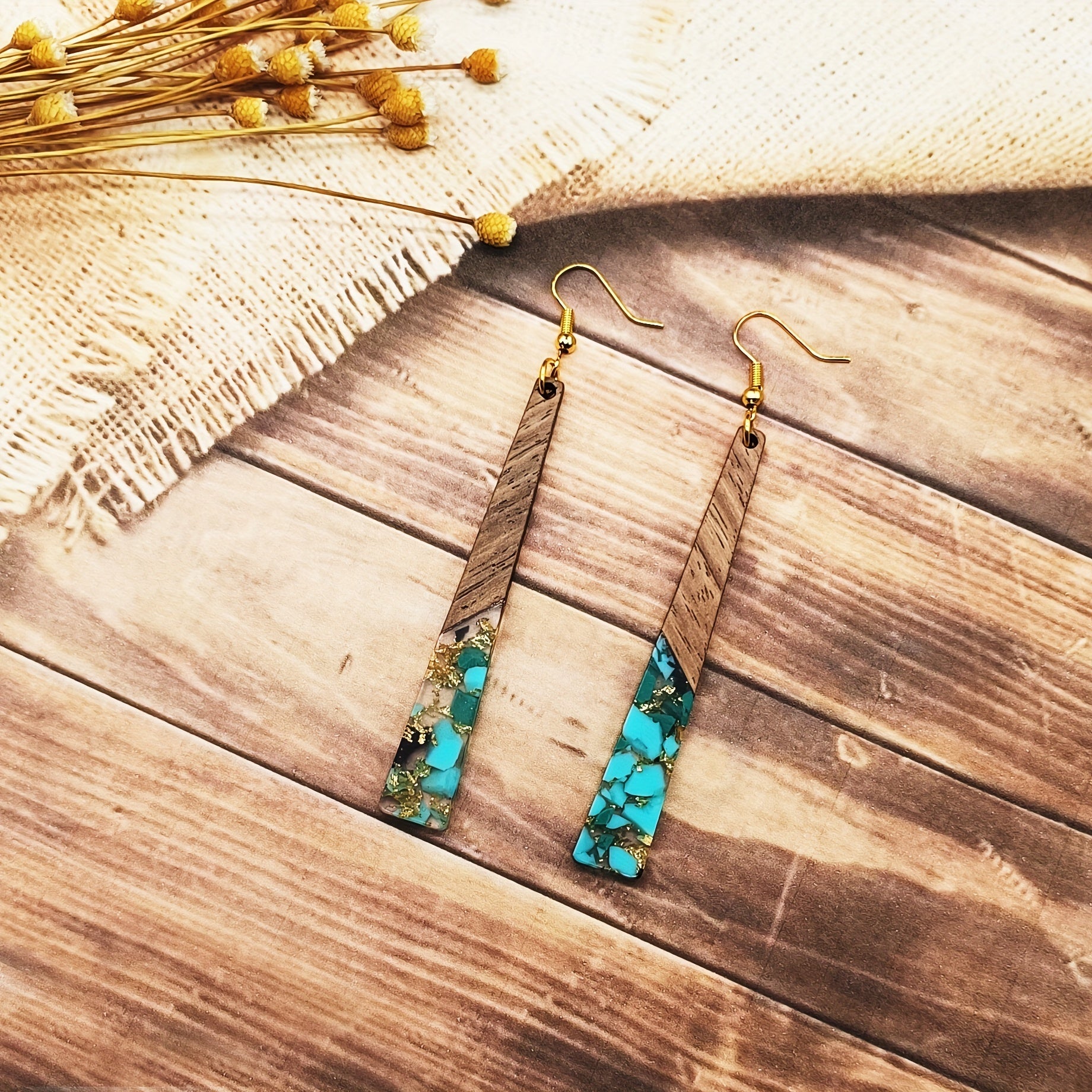 2pcs Retro Spliced Resin & Wooden Long Irregular Bar Dangle Earrings - Unique Statement Jewelry for Women