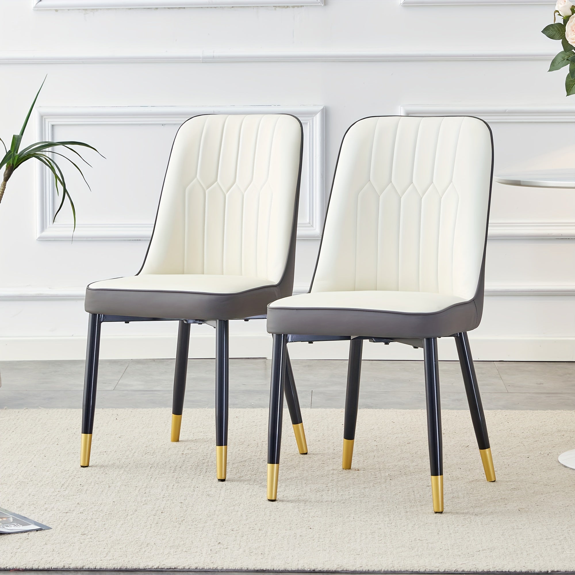 Modern Set of 2 Faux Leather Dining Chairs - PU Upholstered Kitchen Chairs with Black & Gold Metal Legs - White + Gray for Home, Living Room & Restaurant