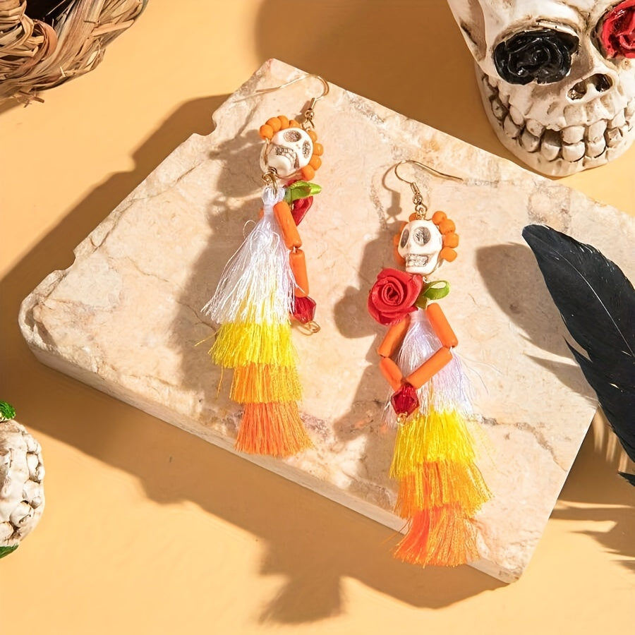 Whimsical Skull Skeleton Earrings with Rainbow Rose Tassels - Playful Polyester Drop Earrings - Unique Gift for Women, Perfect for Everyday Wear