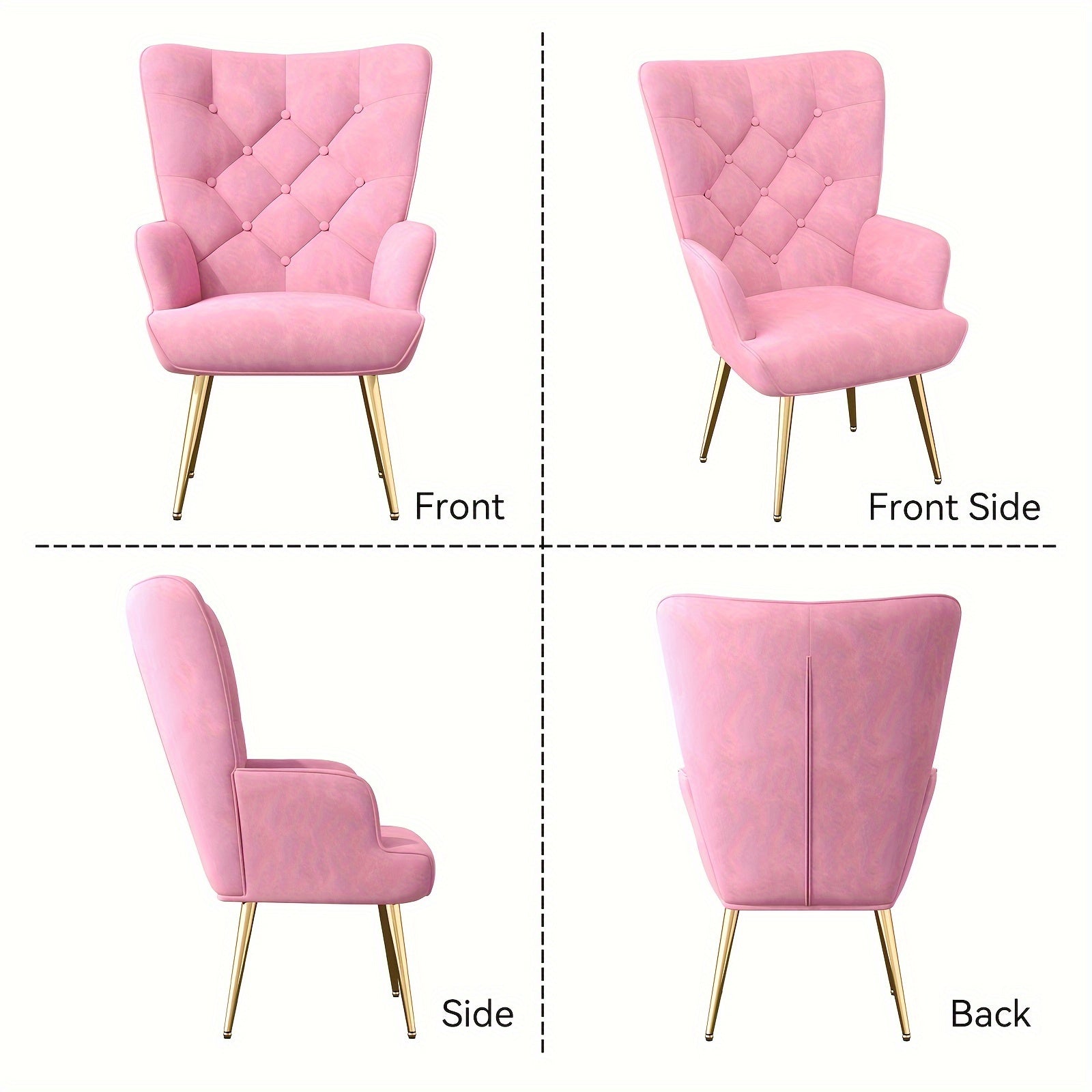 Velvet Accent Chair - Mid-Century Modern Tufted Wingback Armchair with High Backrest and Metal Legs, Upholstered Living Room or Bedroom Chair