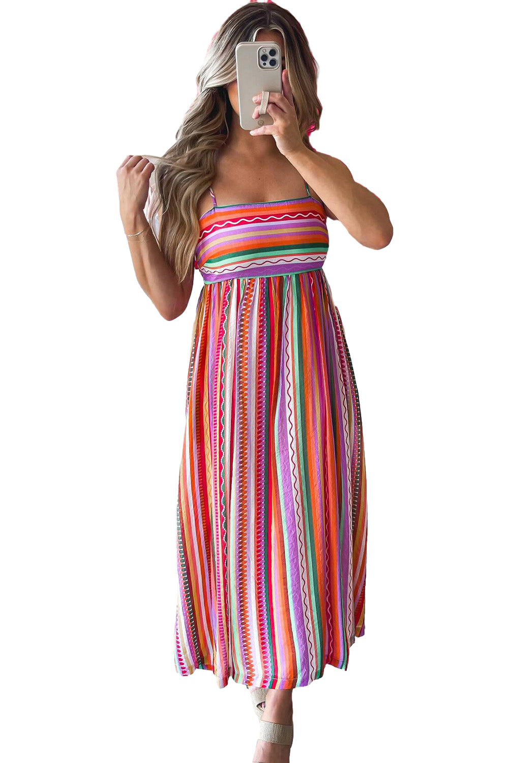 Vibrant Multicolor Boho Striped Maxi Dress with Spaghetti Straps and Smocked Back - Perfect for Beach Days and Summer Festivals