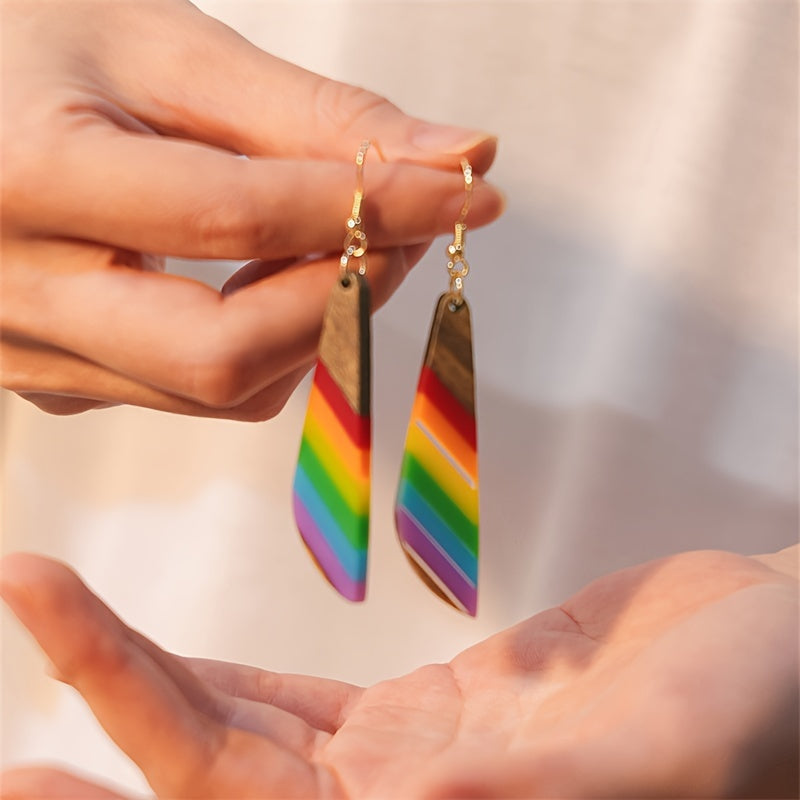 Boho-Chic Rainbow Knife Wood & Resin Dangle Earrings - Nickel-Free Copper Hooks, Perfect for Everyday Glam & Parties