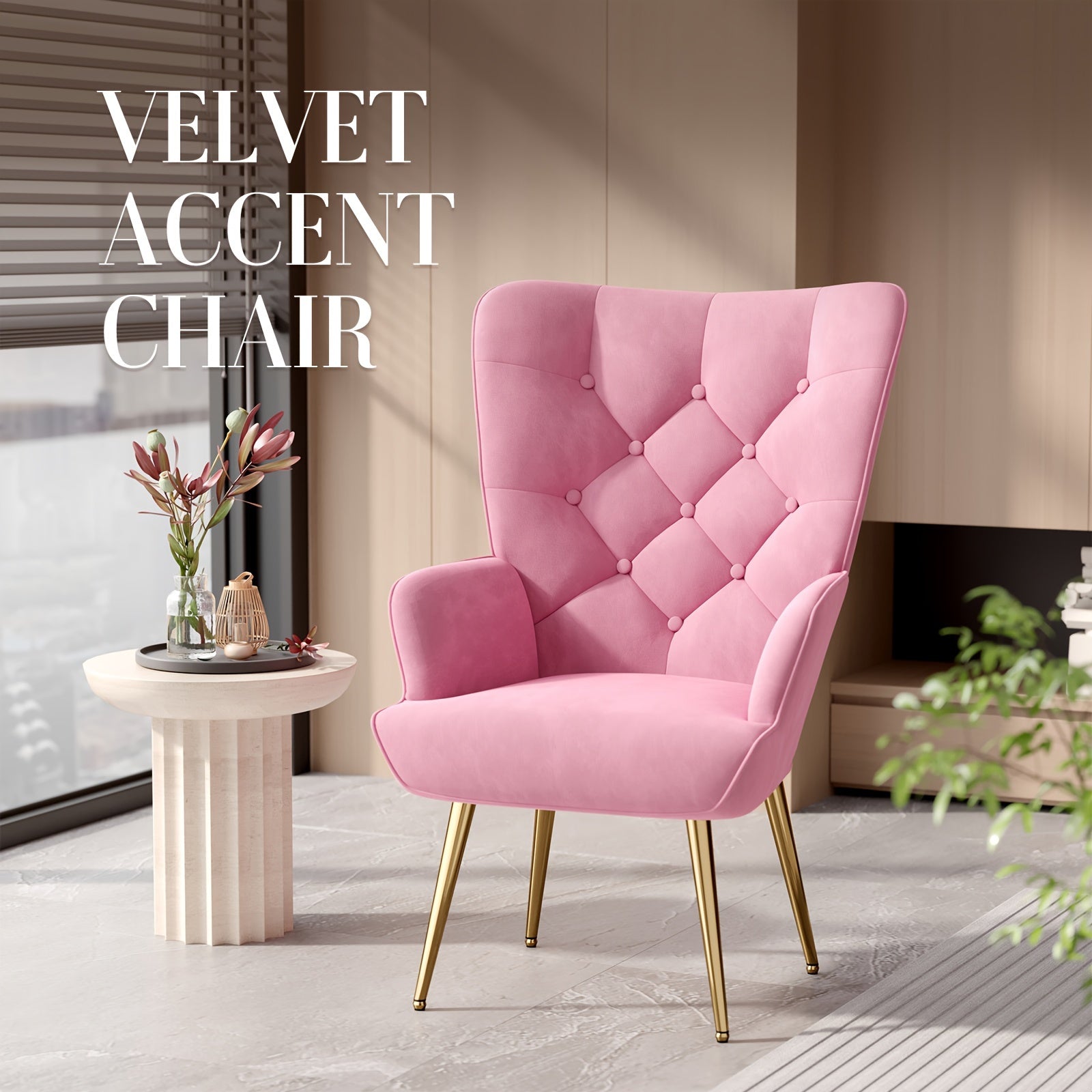 Velvet Accent Chair - Mid-Century Modern Tufted Wingback Armchair with High Backrest and Metal Legs, Upholstered Living Room or Bedroom Chair