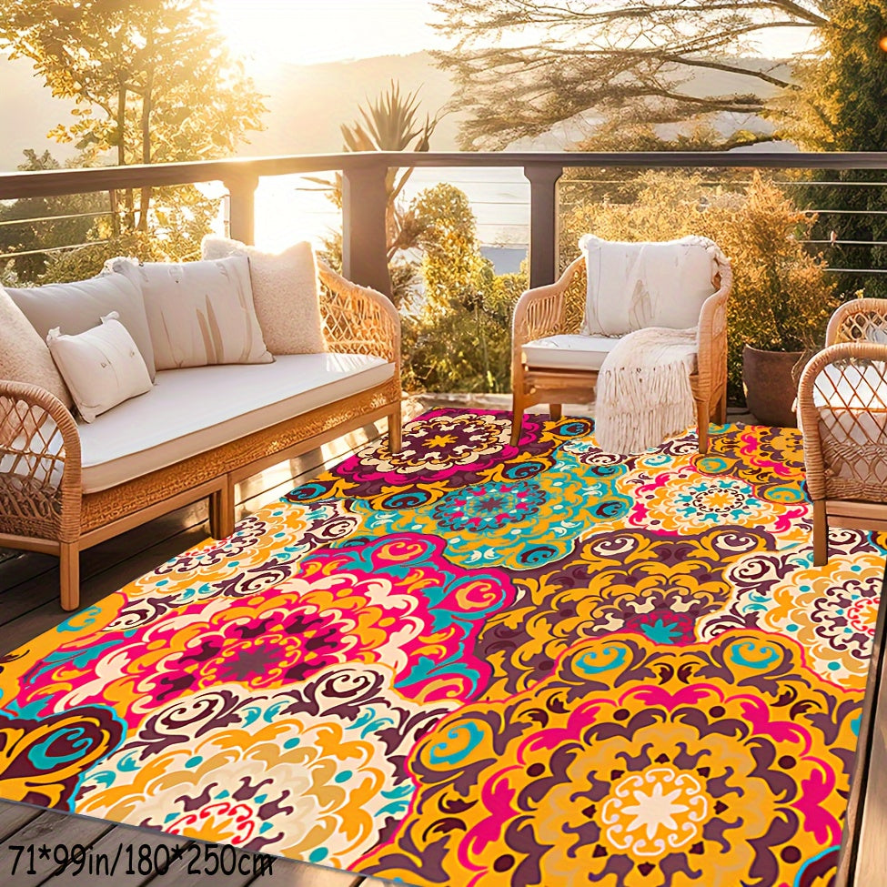 Vibrant Bohemian Outdoor Rug - Low Pile, Non-Slip Machine Washable Area Rug for Patio, Deck, Camping & RV