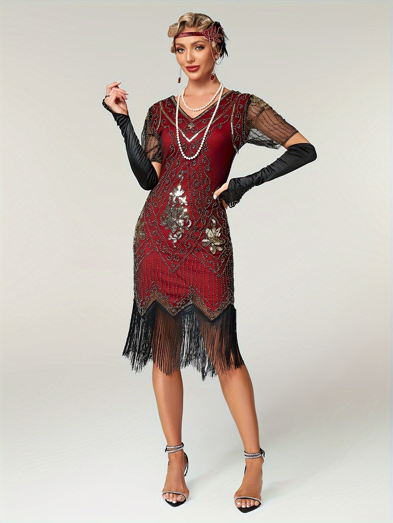 Retro Short Sequin Flapper Dress - V-Neck Slim Fit with Illusion Sleeves & Fringe Detail, Women's Vintage-Inspired Party Clothing