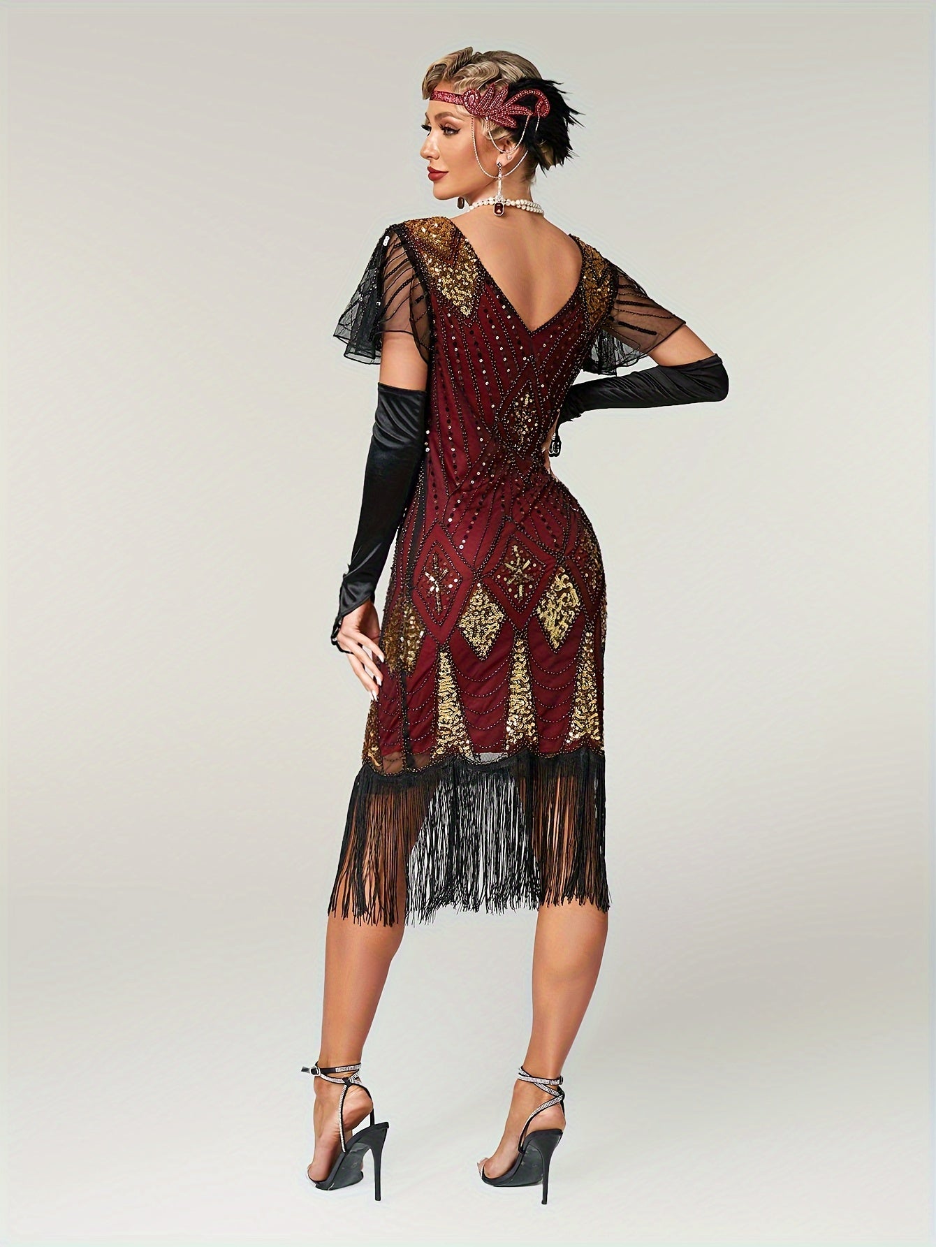 Sparkling Vintage Sequin V-Neck Midi Tunic Dress - Flapper-Inspired Comfort Fit with Fringe Hem, All-Season Women's Attire