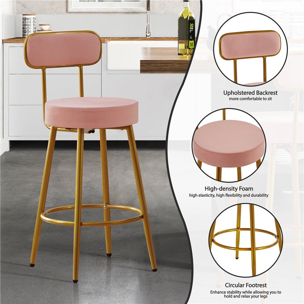 Set of 2 Velvet Bar Stools - 26'' Height with Backrest and Footrest, Modern Upholstered Counter Height Chairs for Kitchen, Dining, or Bar