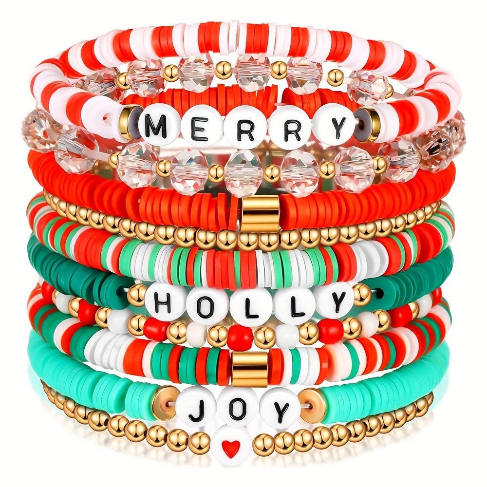 Christmas Holiday Bracelet Pack, 10 Pcs - Festive Polymer Clay Heishi Stretch Bracelets with Merry Messages & Plastic Bead Charms, Gift Set for Women