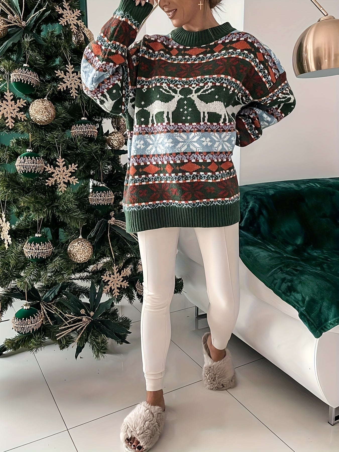 Cozy Christmas Pattern Crew Neck Sweater - Women's Casual Long Sleeve Pullover for Fall & Winter, Soft, Warm & Comfortable