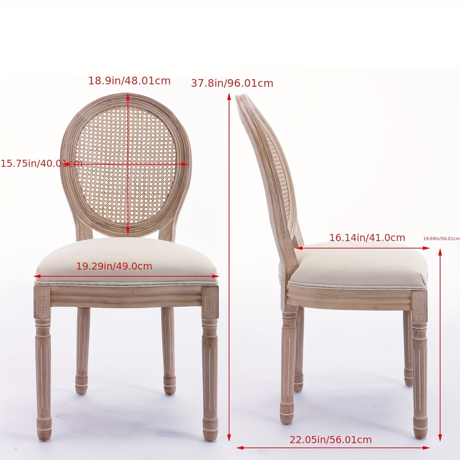 Set of 2 Cream-Colored French-Style Dining Chairs - Solid Wood Frame, Linen Seat & Rattan Back - Durable & Elegant Indoor/Outdoor Seating