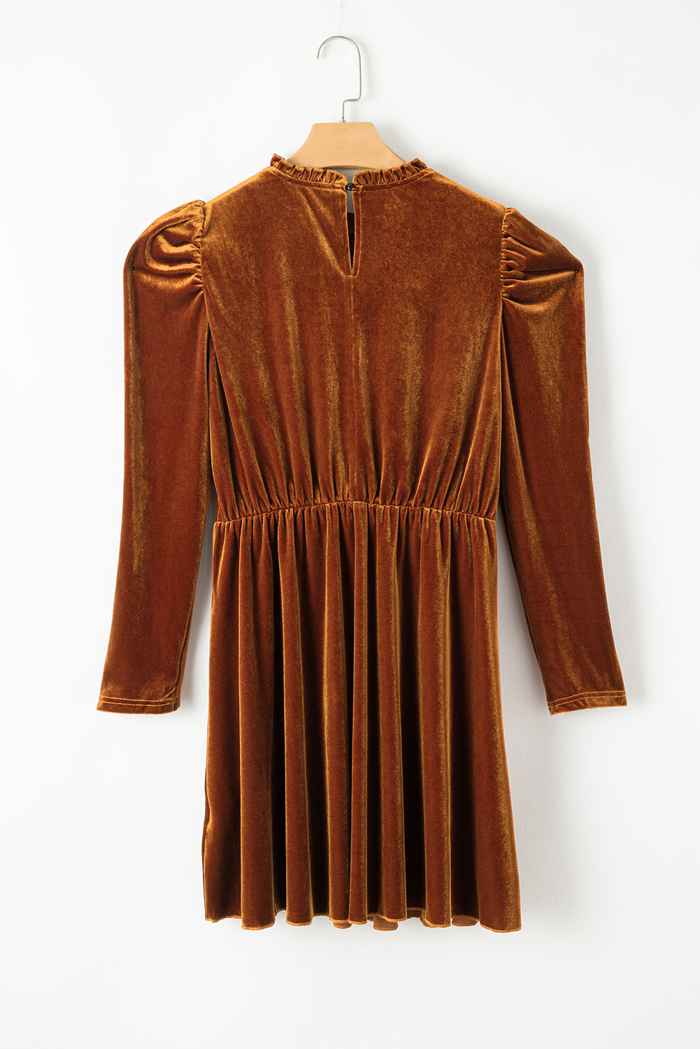 Elegant Chestnut Velvet Swing Dress with Frilled Neck and Gigot Sleeves - Perfect for Autumn Events and Holiday Gatherings