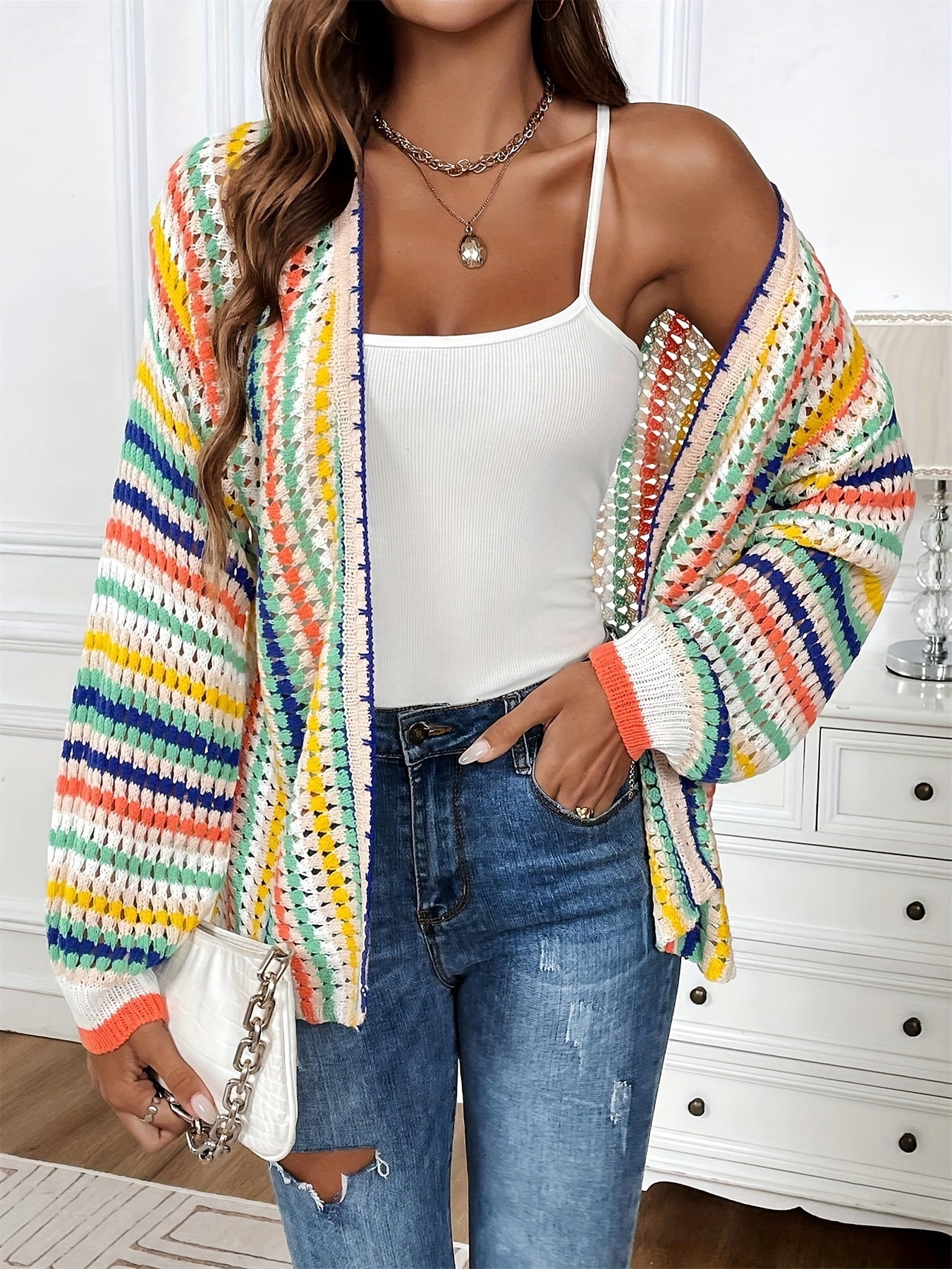 Casual Striped Knit Cardigan - Long Sleeve Open Front Color Block Sweater, Slight Stretch, Regular Fit for Fall/Winter