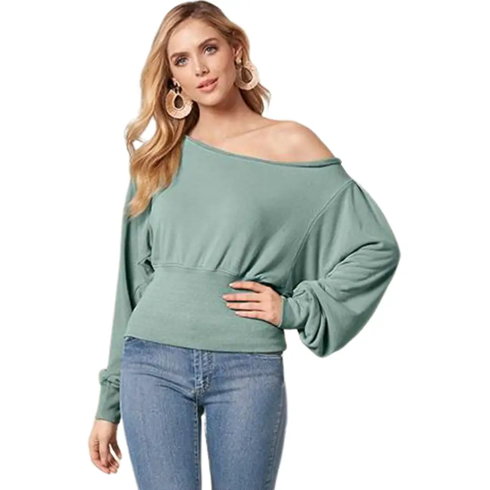 Elegant Green Boat Neck Top with Puff Sleeves - Chic and Versatile for Every Occasion - Long Sleeve Tops