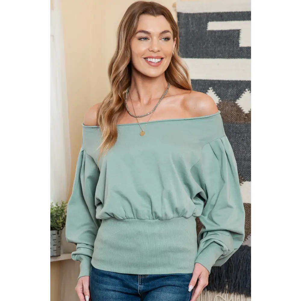 Elegant Green Boat Neck Top with Puff Sleeves - Chic and Versatile for Every Occasion - Long Sleeve Tops