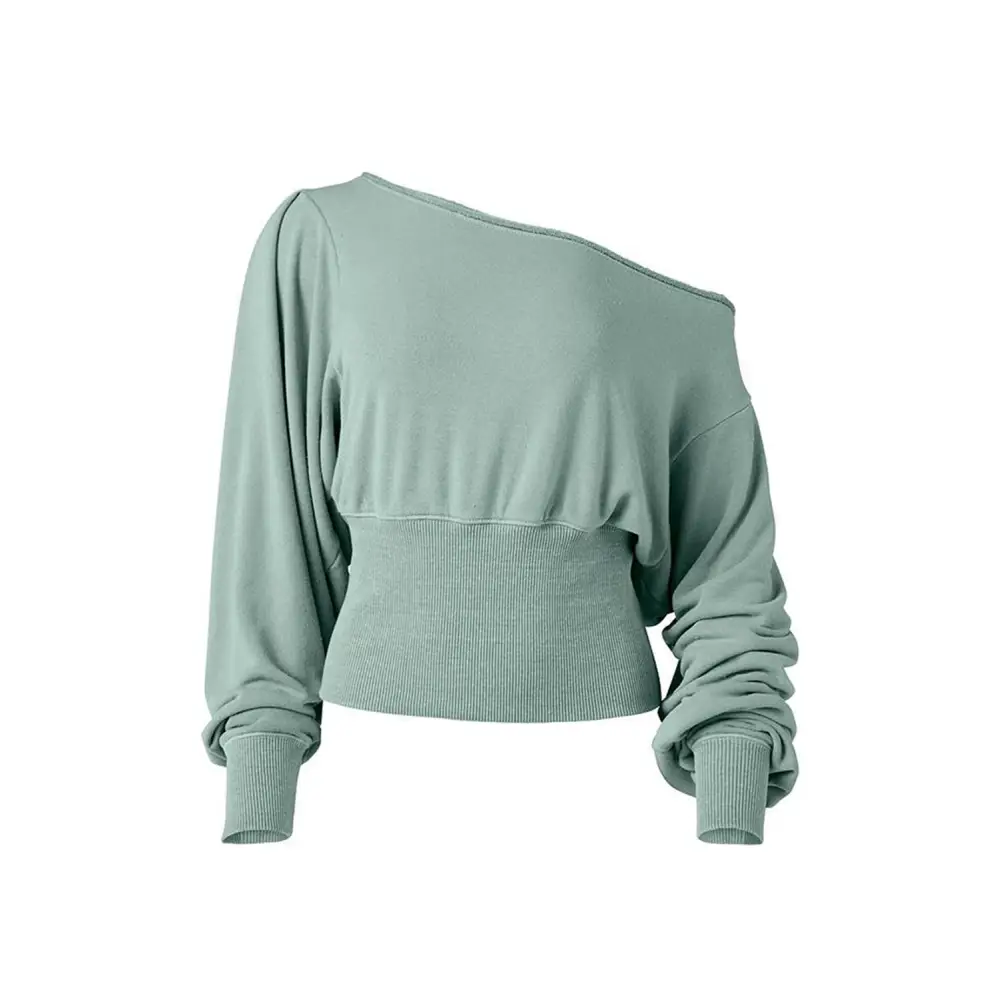 Elegant Green Boat Neck Top with Puff Sleeves - Chic and Versatile for Every Occasion - Long Sleeve Tops