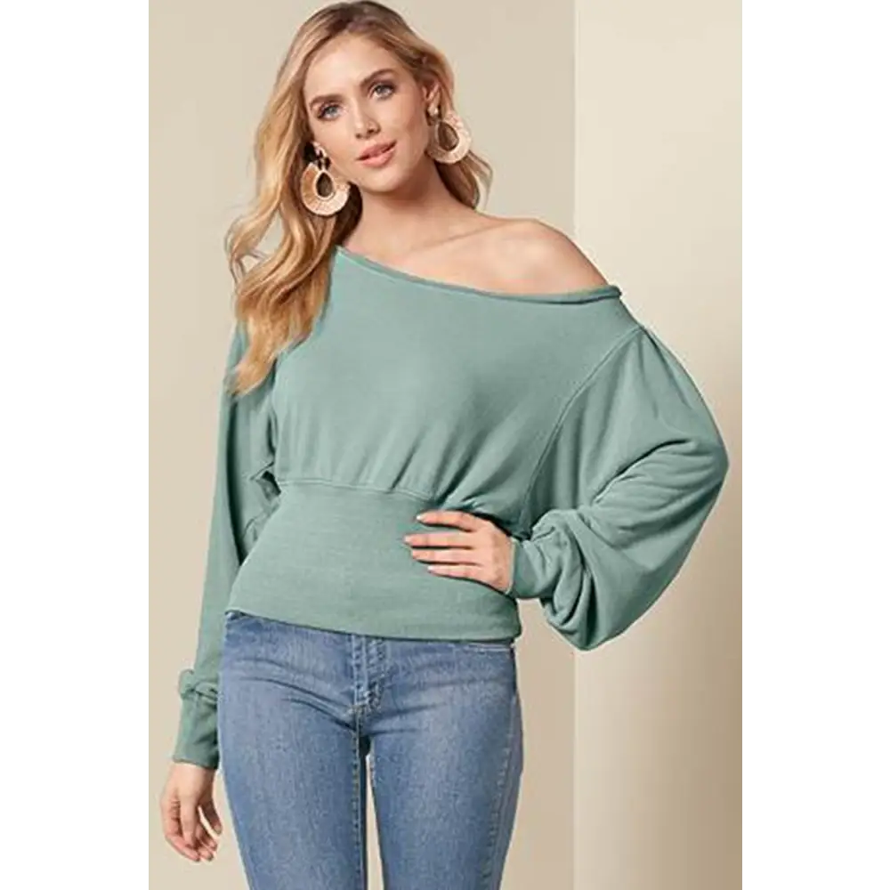 Elegant Green Boat Neck Top with Puff Sleeves - Chic and Versatile for Every Occasion - Long Sleeve Tops