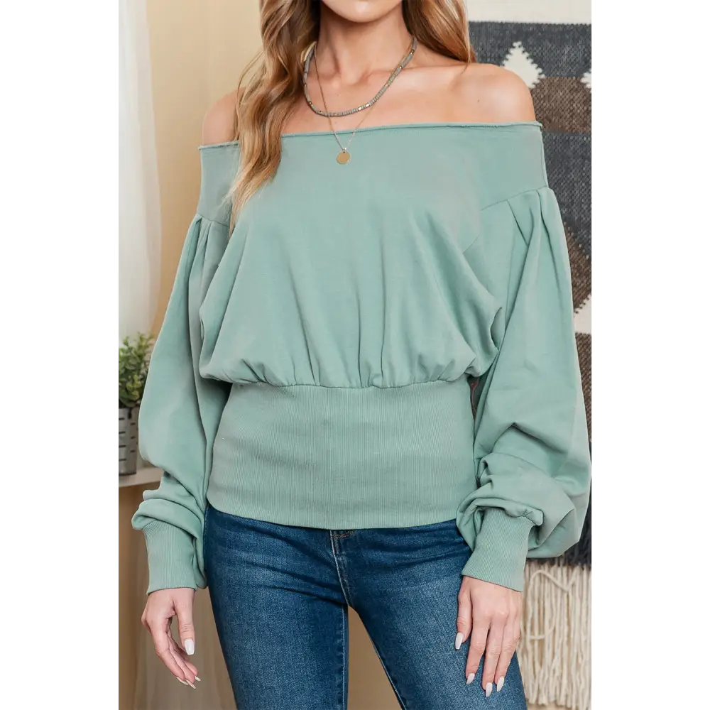 Elegant Green Boat Neck Top with Puff Sleeves - Chic and Versatile for Every Occasion - Long Sleeve Tops