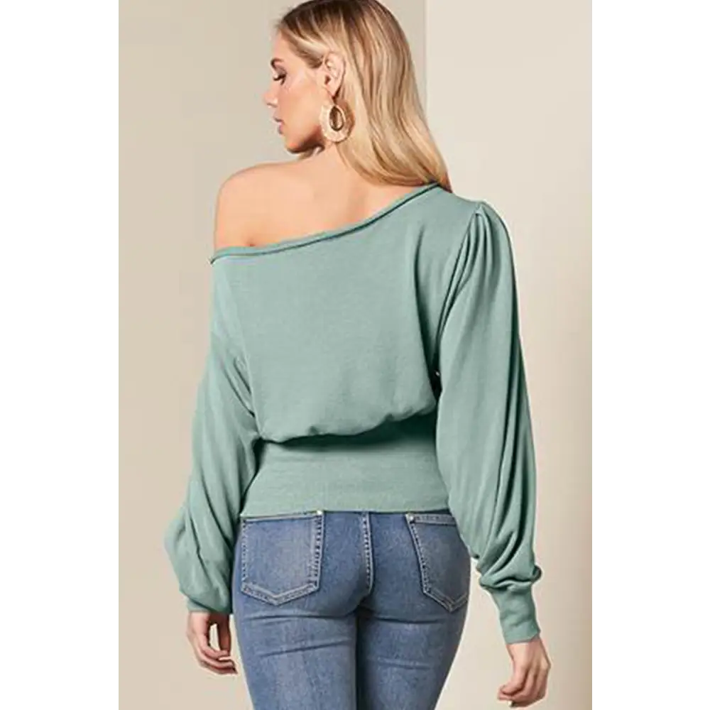 Elegant Green Boat Neck Top with Puff Sleeves - Chic and Versatile for Every Occasion - Long Sleeve Tops