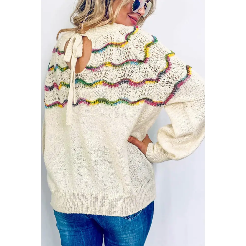 Elegant White Crochet Sweater with Raglan Sleeves and Tie Back - Cozy and Stylish Pullover Perfect for Layering