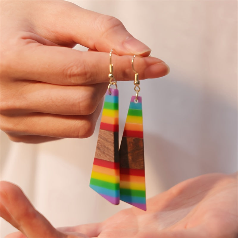 Boho-Chic Rainbow Geometric Wood & Resin Dangle Earrings - Nickel-Free Copper Hooks, Ideal for Daily Wear & Gifting