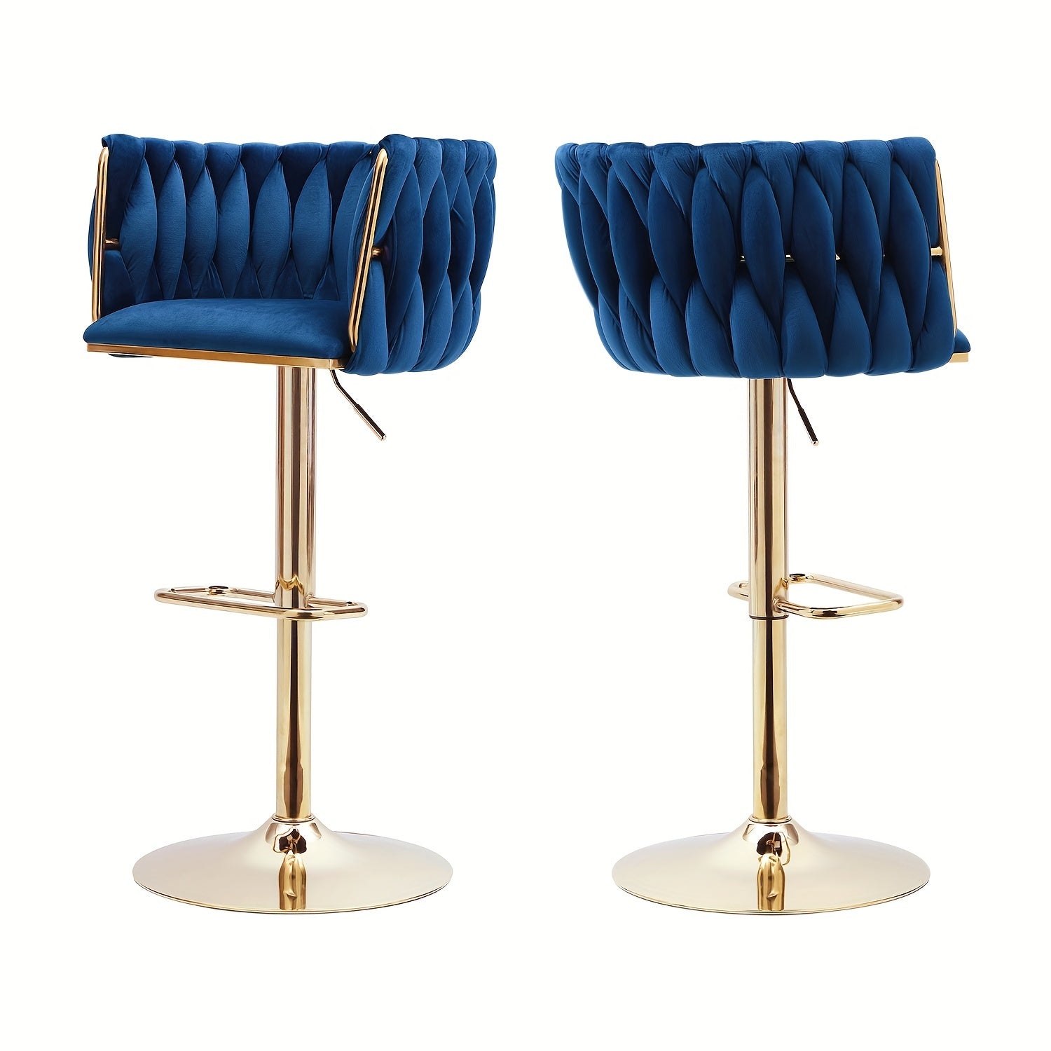 Set of 2 Velvet Swivel Bar Stools - Adjustable Height with Golden Metal Frame, Cushioned Footrest, and Solid Back for Kitchen Island, Cafe, or Pub