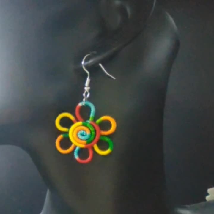 Boho Handcrafted Rainbow Flower Pendant Earrings - Colorful Polyester Bohemian Style, Hypoallergenic Hooks, Perfect for All Occasions