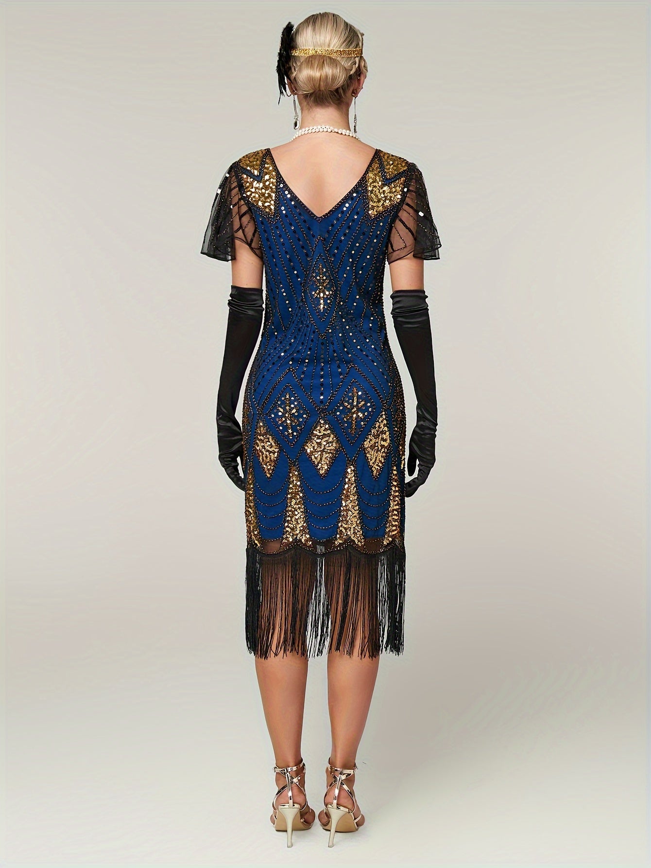 Sparkling Vintage Sequin V-Neck Midi Tunic Dress - Flapper-Inspired Comfort Fit with Fringe Hem, All-Season Women's Attire