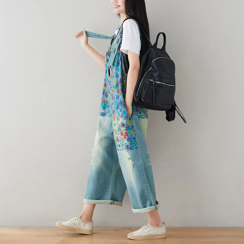 Jean Women Overalls Washed Denim Bleached Wide Leg Pants Hole Ripped Ankle Length Jeans Distressed Pockets Print Casual