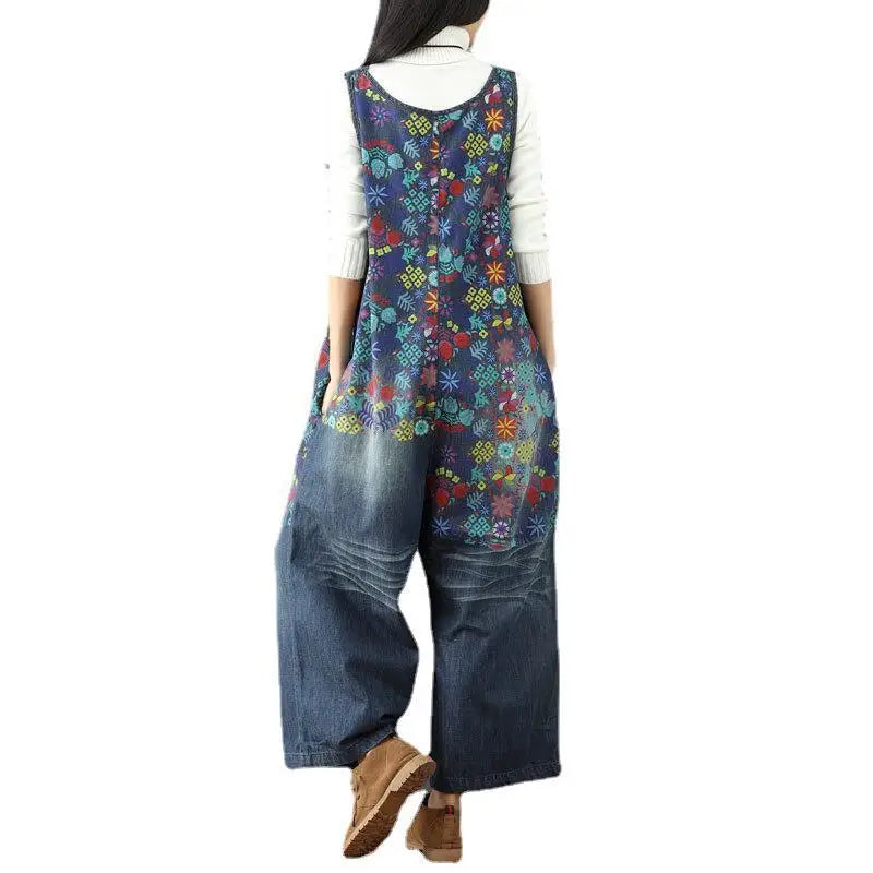 Jean Women Overalls Washed Denim Bleached Wide Leg Pants Hole Ripped Ankle Length Jeans Distressed Pockets Print Casual