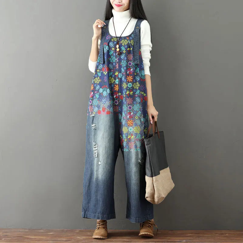 Jean Women Overalls Washed Denim Bleached Wide Leg Pants Hole Ripped Ankle Length Jeans Distressed Pockets Print Casual