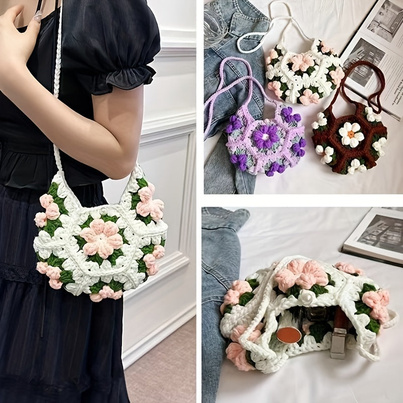 Handmade Crochet Floral Crossbody Bag Crescent Shaped 3D Flower Shoulder Bag Boho Eco Chic Style