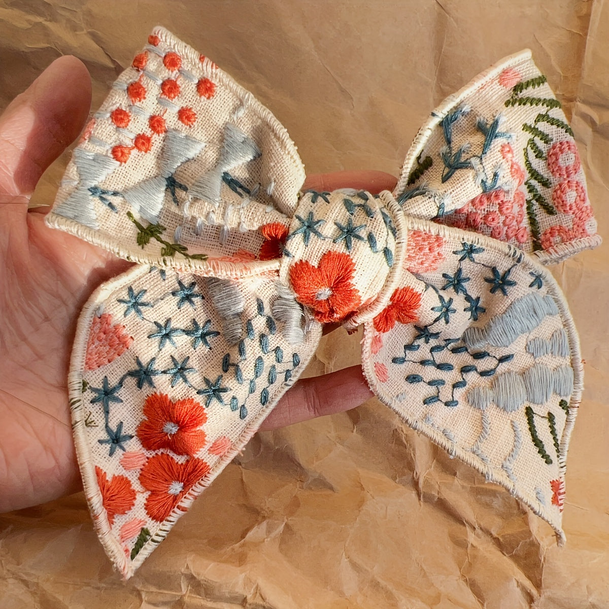 Girls Large Embroidered Flower Bow Hair Clip