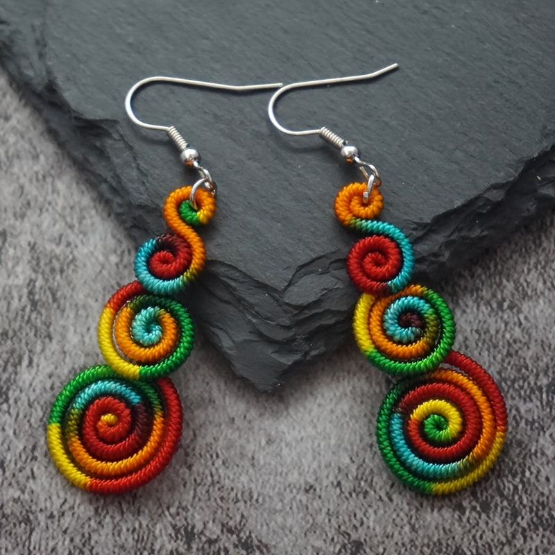 Boho Eco Chic Retro Rainbow Rope Dangle Earrings  Handmade Bohemian Statement Jewelry