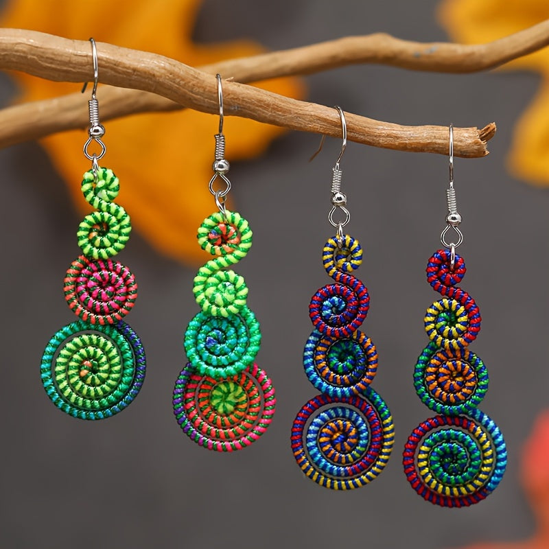 Boho Eco Chic Retro Rainbow Rope Dangle Earrings  Handmade Bohemian Statement Jewelry