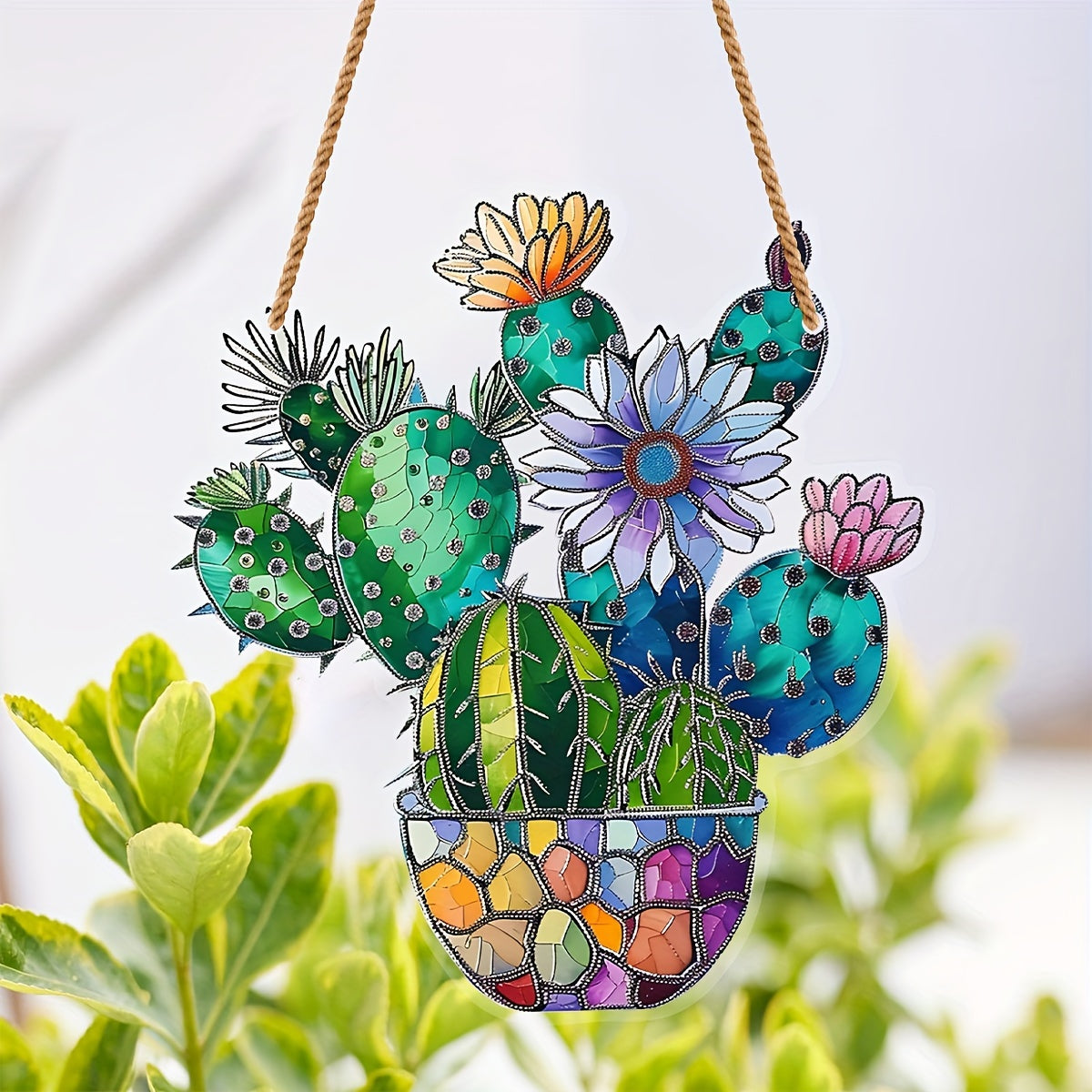 1pc Cactus Stained Window Hanging Cactus Suncatcher Window Stained Suncatcher Indoor Outdoor Home Decor Garden Decoration Cactus Pot Decor