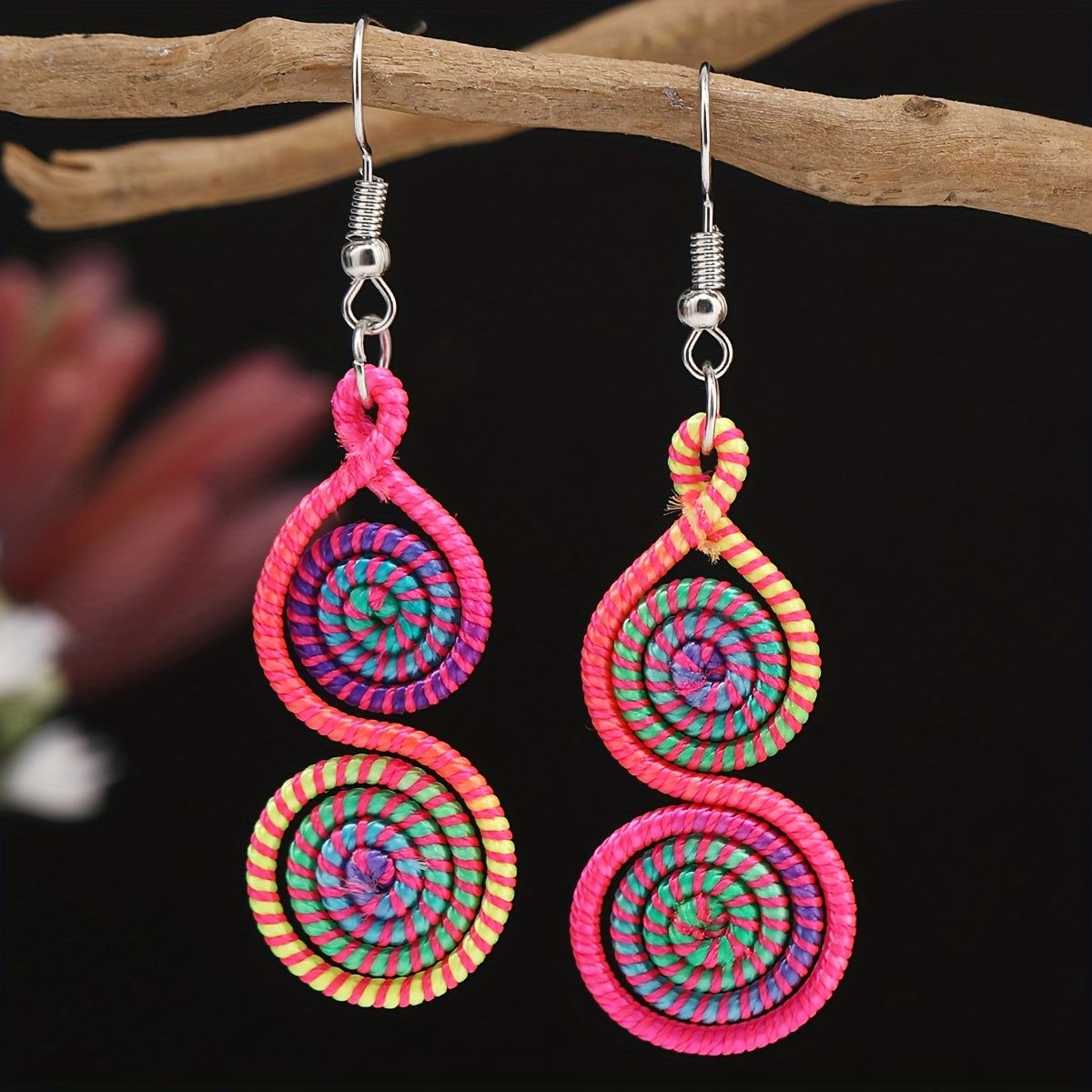 Boho Eco Chic Retro Rainbow Rope Dangle Earrings  Handmade Bohemian Statement Jewelry