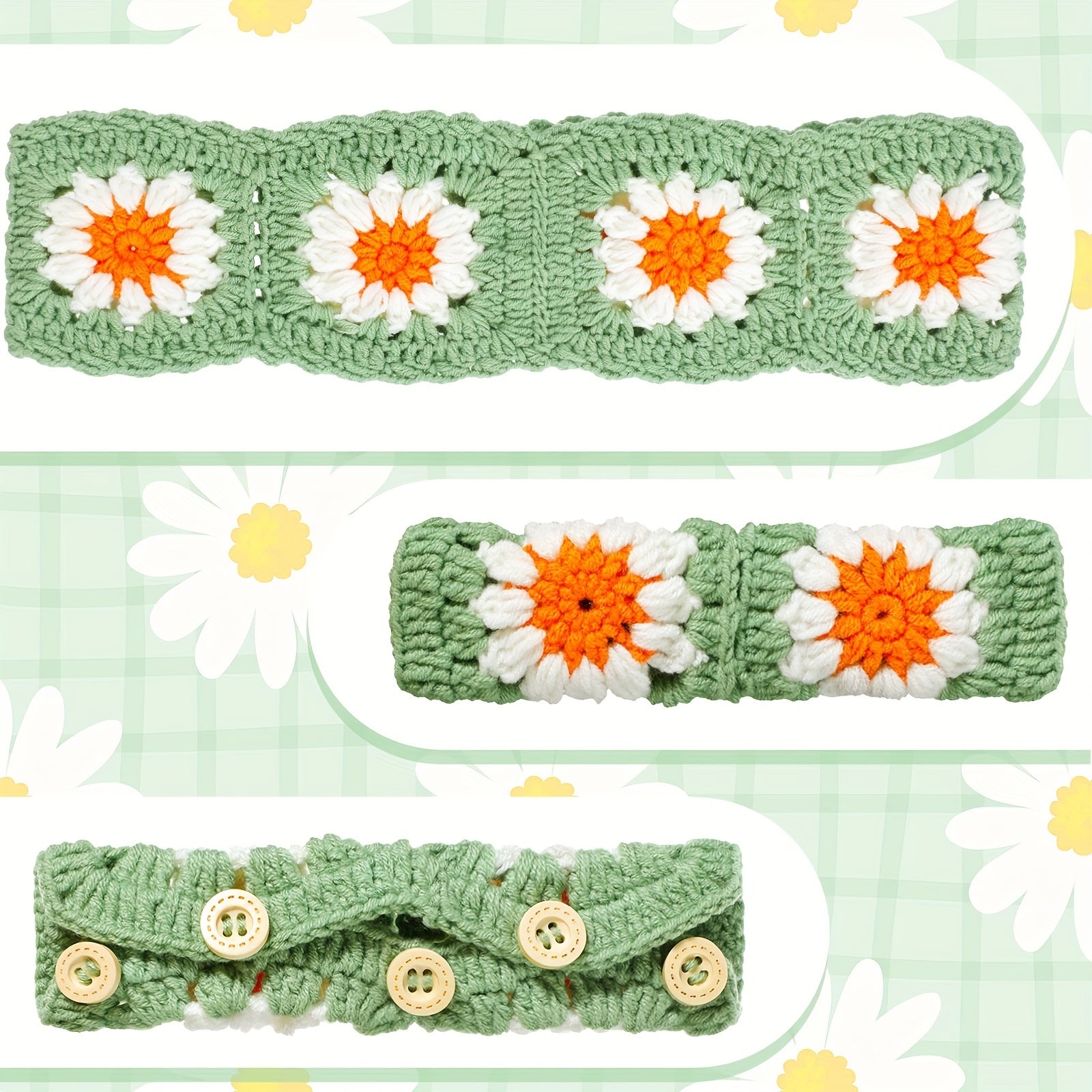 customized - "Sunny Accents" 2 - Piece Sunflower Crochet Steering Wheel Covers With Belt - Handmade Floral Design For Women & Girls, Car Interior Accessories (White & Light Green) - Boho Eco Boutique™ - customized - Boho Eco Boutique™ - Handmade Crochet - 