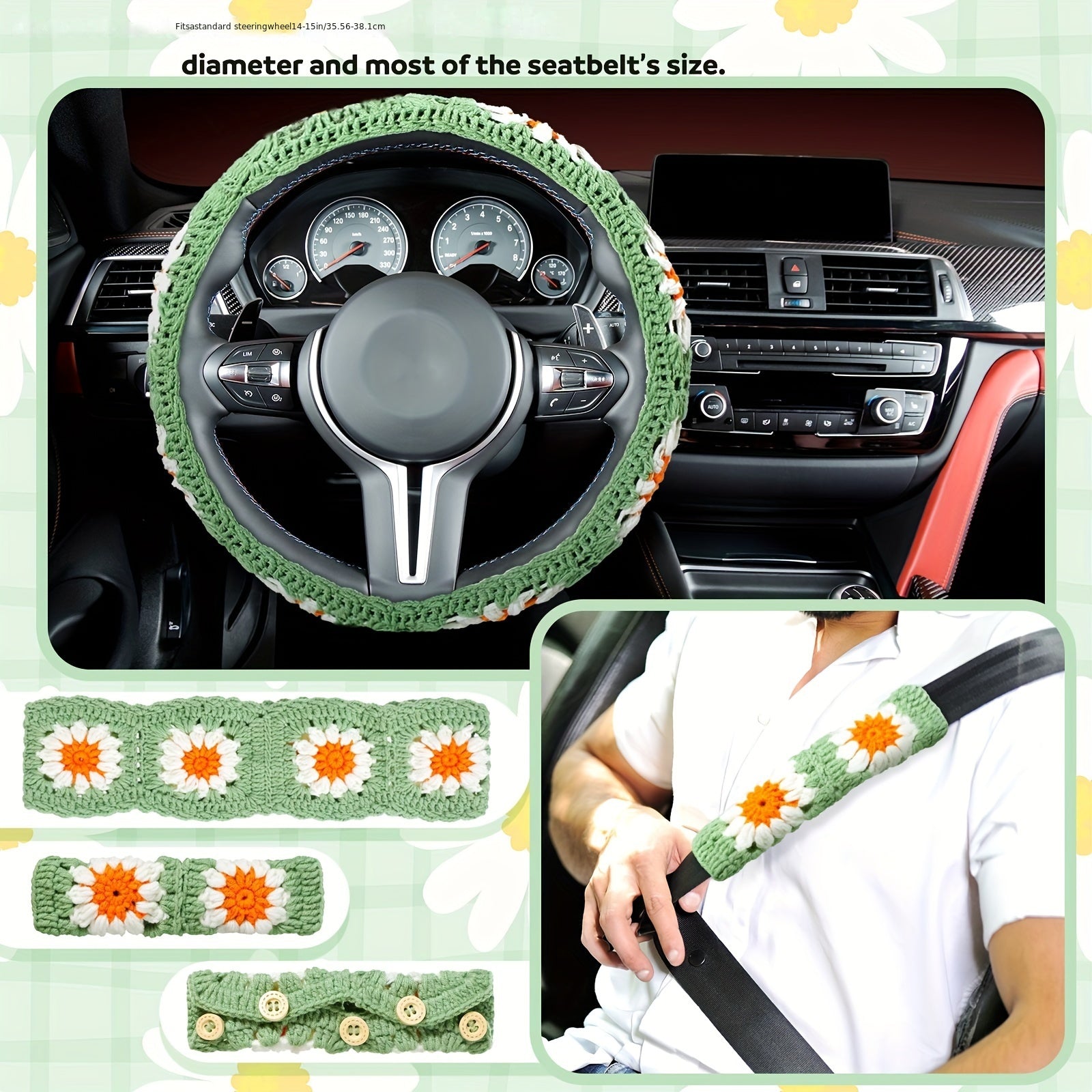 customized - "Sunny Accents" 2 - Piece Sunflower Crochet Steering Wheel Covers With Belt - Handmade Floral Design For Women & Girls, Car Interior Accessories (White & Light Green) - Boho Eco Boutique™ - customized - Boho Eco Boutique™ - Handmade Crochet - 