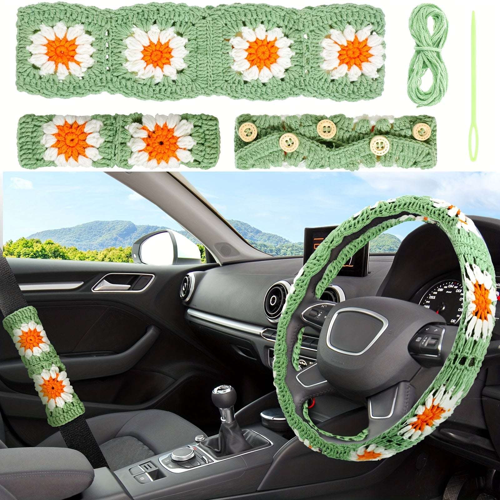 customized - "Sunny Accents" 2 - Piece Sunflower Crochet Steering Wheel Covers With Belt - Handmade Floral Design For Women & Girls, Car Interior Accessories (White & Light Green) - Boho Eco Boutique™ - customized - Boho Eco Boutique™ - Handmade Crochet - 