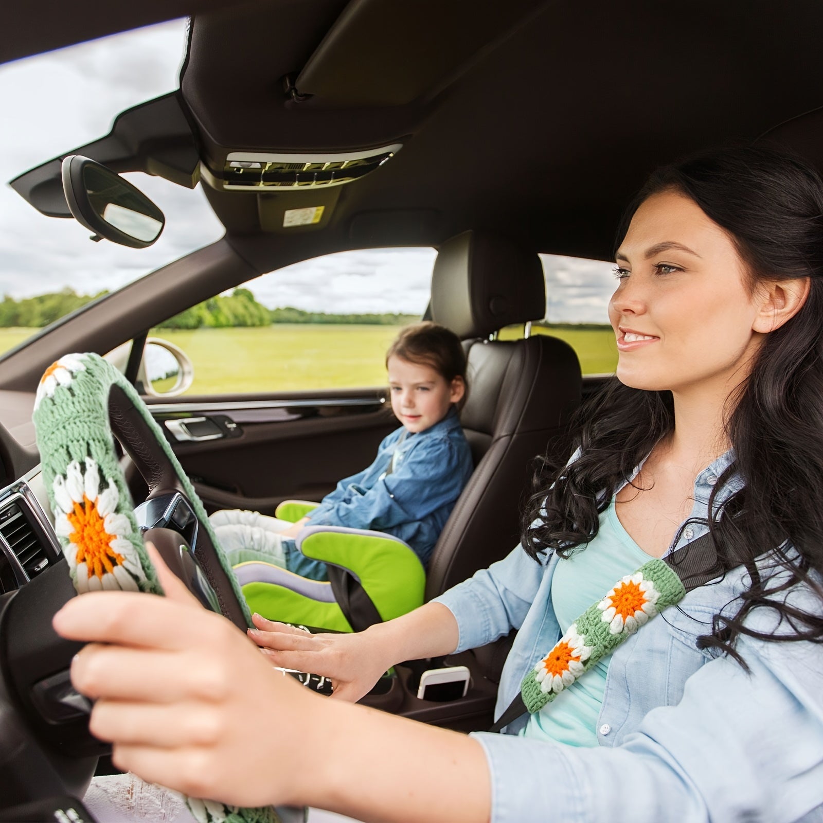 customized - "Sunny Accents" 2 - Piece Sunflower Crochet Steering Wheel Covers With Belt - Handmade Floral Design For Women & Girls, Car Interior Accessories (White & Light Green) - Boho Eco Boutique™ - customized - Boho Eco Boutique™ - Handmade Crochet - 