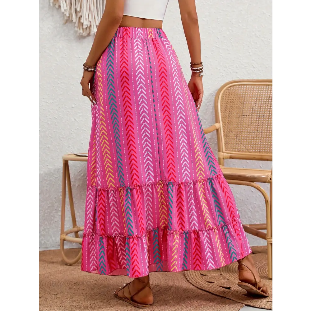 Vibrant Chevron Ruffle Hem Skirt - Elastic Waist with Adjustable Tie Flowy Tiered Design for Spring & Summer - Skirt