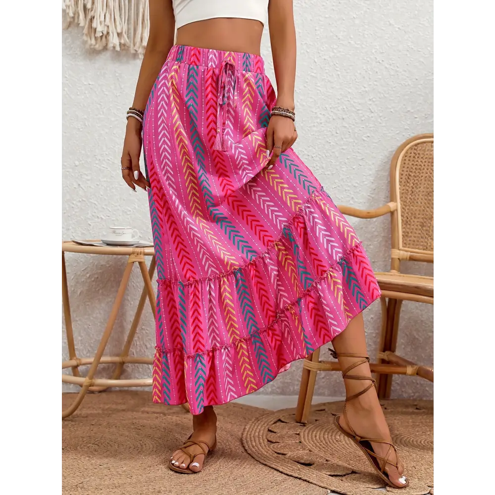 Vibrant Chevron Ruffle Hem Skirt - Elastic Waist with Adjustable Tie Flowy Tiered Design for Spring & Summer - Skirt