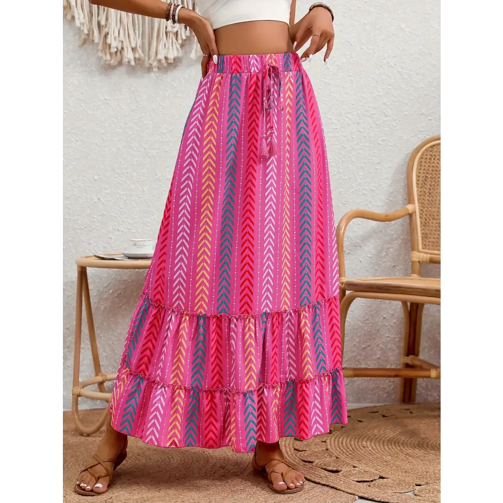 Vibrant Chevron Ruffle Hem Skirt - Elastic Waist with Adjustable Tie Flowy Tiered Design for Spring & Summer - Skirt