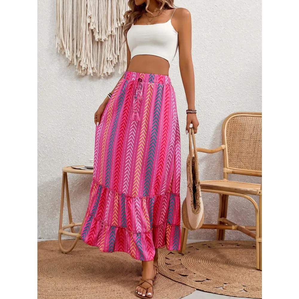 Vibrant Chevron Ruffle Hem Skirt - Elastic Waist with Adjustable Tie Flowy Tiered Design for Spring & Summer - Skirt