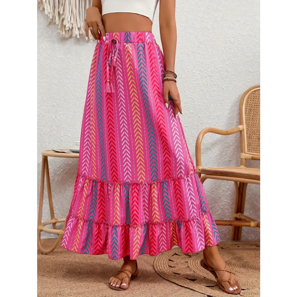 Vibrant Chevron Ruffle Hem Skirt - Elastic Waist with Adjustable Tie Flowy Tiered Design for Spring & Summer - Skirt