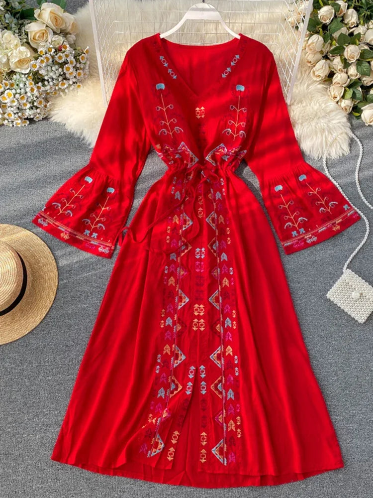 Women’s Boho Dress Heavy Industry Embroidery V-neck Drawstring Trumpet Sleeves - Dress