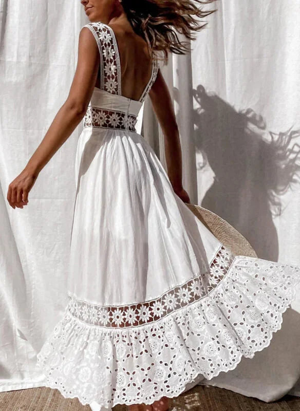 Women’s Dress White Hollow Out Cotton Sundress Lace Sleeveless Long Splicing Summer Party Elegant Evening Woman