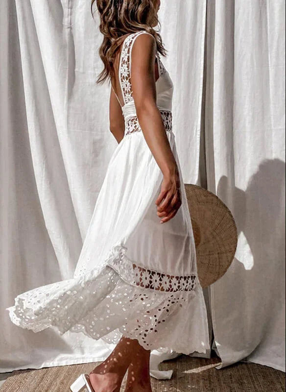 Women’s Dress White Hollow Out Cotton Sundress Lace Sleeveless Long Splicing Summer Party Elegant Evening Woman